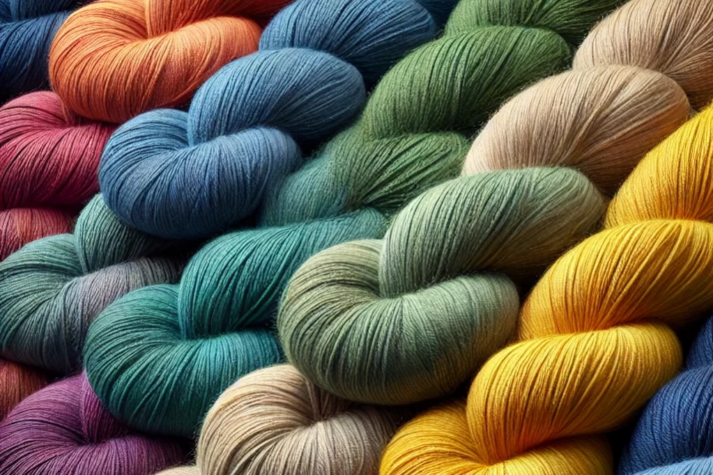 DALL·E 2024-10-26 10.32.46 – A realistic image of multiple skeins of regenerated yarn in vibrant colors such as deep blue, forest green, mustard yellow, coral pink, and violet. Th