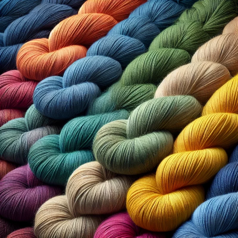 DALL·E 2024-10-26 10.32.46 – A realistic image of multiple skeins of regenerated yarn in vibrant colors such as deep blue, forest green, mustard yellow, coral pink, and violet. Th